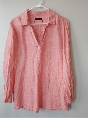 100% Linen Tunic V-neck Roll Sleeves Womens Large READ Granola Girl Cottagecore